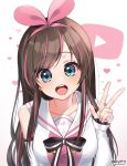  1girl :d a.i._channel arm_warmers bangs blush bow breasts brown_hair chyoling collarbone hairband heart kizuna_ai looking_at_viewer multicolored_hair open_mouth pink_bow pink_hair play_button sailor_collar simple_background smile solo sparkling_eyes streaked_hair swept_bangs two-tone_hair upper_body v virtual_youtuber white_background 