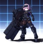  1girl armor black_legwear bodysuit boots brown_bodysuit clenched_hand closed_mouth fate/grand_order fate_(series) hair_over_one_eye highres holding langbazi legs_apart looking_at_viewer mash_kyrielight one_eye_covered pink_eyes purple_hair shield short_hair signature solo standing thigh-highs vr_visor 