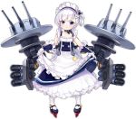  1girl apron apron_lift azur_lane belfast_(azur_lane) blue_eyes bow_choker braid choker french_braid gloves kisetsu long_hair looking_at_viewer machinery maid maid_apron maid_headdress mary_janes official_art ribbon_choker shoes solo stuffed_chicken turret white_gloves white_hair white_legwear younger 