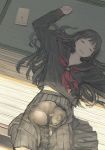  1girl belly_peek bionekojita black_hair black_serafuku black_skirt book cat closed_eyes commentary highres long_hair lying midriff on_back open_mouth original pleated pleated_skirt school_uniform serafuku skirt sleeping solo tatami uniform 