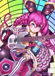  1girl absurdres bare_shoulders blue_eyes blush drill_hair electric_guitar eyebrows_visible_through_hair frilled_skirt frills garter_straps guitar highres instrument long_hair looking_at_viewer murasakijazi original skirt smile solo speaker striped striped_legwear tagme thighhhighs twin_drill very_long_hair 