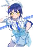  1girl bangs blue_hair blush commentary_request cowboy_shot earrings eyebrows_visible_through_hair fingerless_gloves gloves goe_(g-o-e) hair_between_eyes hand_on_hip hat highres jewelry long_hair looking_at_viewer love_live! love_live!_school_idol_project necktie open_mouth simple_background smile solo sonoda_umi white_gloves wonderful_rush yellow_eyes 