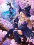  1girl black_hat black_lewear blonde_hair blue_sky brown_footwear cherry_blossoms dorothy_(granblue_fantasy) granblue_fantasy hat in_tree jewelry ko_31 moon necklace orange_eyes outdoors shadowverse shingeki_no_bahamut sitting sitting_in_tree sky smile staff tree witch_hat 