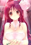  1girl absurdres amazuyu_tatsuki blush bouquet breasts brown_eyes choker cleavage flower hair_flower hair_ornament head_tilt highres holding holding_bouquet jewelry kousaka_tamaki large_breasts long_hair looking_at_viewer redhead ring smile solo strapless to_heart to_heart_2 twintails upper_body very_long_hair wedding_ring white_flower wrist_cuffs 