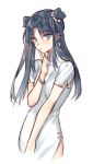  1girl bangs blue_eyes blue_hair blush china_dress chinese_clothes double_bun dress eyebrows_visible_through_hair finger_to_face index_finger_raised kangetsu_(fhalei) looking_at_viewer original parted_bangs short_sleeves simple_background solo twintails upper_body white_background wristband 