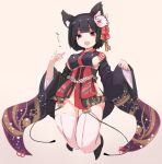  1girl animal_ears azur_lane bangs black_footwear black_hair black_kimono breasts brown_background cat_ears cat_mask eyebrows_visible_through_hair fang fox_shadow_puppet full_body highres japanese_clothes karukan_(monjya) kimono large_breasts long_sleeves looking_at_viewer mask mask_on_head open_mouth panties red_eyes short_kimono simple_background solo thigh-highs underwear white_legwear white_panties wide_sleeves yamashiro_(azur_lane) 