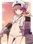  10011018 1girl anchor bangs bikini blush bow brown_eyes brown_hair character_name clothes_writing cowboy_shot eyebrows_visible_through_hair flat_chest groin hair_bow hair_tucking hat highres holding holding_weapon kantai_collection looking_at_viewer machinery navel outside_border parted_lips sailor_bikini sailor_collar sailor_hat short_hair side-tie_bikini sketch smiley_face solo standing striped striped_bow swimsuit twitter_username weapon white_bikini white_hat z3_max_schultz_(kantai_collection) 