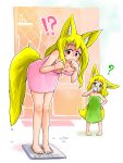  2girls ? absurdres after_bath animal_ears bare_arms bare_legs bare_shoulders barefoot bathroom blonde_hair blush breasts child cleavage commentary covering_mouth doitsuken drinking eyebrows_visible_through_hair fox_daughter_(doitsuken) fox_ears fox_tail fox_wife_(doitsuken) green_eyes green_towel highres indoors leaning_forward long_hair looking_at_another looking_down medium_breasts milk mother_and_daughter multiple_girls naked_towel original pink_eyes pink_towel short_hair tail towel turn_pale weighing_scale weight_conscious wet_tail wide-eyed 