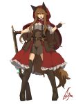  1girl :d animal_ears belt boots bow bowtie brown_eyes brown_footwear brown_gloves brown_hair brown_skirt collared_shirt fingerless_gloves full_body gloves gun hair_between_eyes high-waist_skirt highres holding holding_gun holding_weapon index_finger_raised lansane legs_apart long_hair looking_at_viewer open_clothes open_mouth open_skirt orange_eyes original red_neckwear red_skirt rifle shirt signature simple_background skirt sleeves_rolled_up smile solo standing tail thigh-highs thigh_boots tsana_(lansane) weapon white_background white_shirt wing_collar wolf_ears wolf_tail 