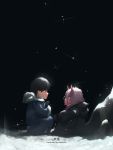  1boy 1girl black_hair blue_eyes book coat commentary couple darling_in_the_franxx green_eyes grey_coat highres hiro_(darling_in_the_franxx) holding holding_book horns long_hair looking_at_another night night_sky pink_hair red_skin reichiou short_hair signature sitting sky star_(sky) starry_sky zero_two_(darling_in_the_franxx) 
