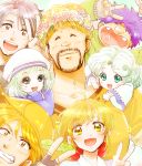  2girls 5boys blonde_hair bobosuke bow clay_s._anderson closed_eyes facial_hair fortune_quest green_eyes green_hair grin hat hat_feather head_wreath kitton_(fortune_quest) knoll_(fortune_quest) looking_at_viewer multiple_boys multiple_girls pastel_g._king purple_hair rumy_(fortune_quest) shiro_(fortune_quest) smile trapp_(fortune_quest) v yellow_eyes 