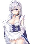  1girl apron azur_lane bangs belfast_(azur_lane) blue_eyes blush braid breasts chains cleavage closed_mouth collar collarbone dated dress dress_lift elbow_gloves eyebrows_visible_through_hair french_braid frilled_gloves frills garter_straps gloves large_breasts long_hair looking_at_viewer maid maid_headdress sidelocks signature silver_hair simple_background smile solo thigh-highs thighs unel white_background white_gloves white_legwear 