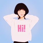  1girl bangs black_hair blouse blue_background clothes_writing commentary_request hands_up ilya_kuvshinov long_sleeves looking_to_the_side looking_up original parted_lips short_hair simple_background smile solo white_blouse 