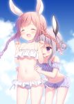  2girls :d ^_^ animal_ears bangs bare_arms bare_shoulders bikini blue_sky blush braid chitosezaka_suzu closed_eyes clouds collarbone commentary_request day double_bun eyebrows_visible_through_hair frilled_bikini frills hair_between_eyes hands_on_another&#039;s_waist leaning_forward light_brown_hair long_hair low_twintails multiple_girls navel open_mouth original outdoors polka_dot polka_dot_bikini purple_bikini purple_hair rabbit_ears side-tie_bikini side_bun sky smile swimsuit tears twin_braids twintails violet_eyes white_bikini 