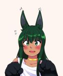  /\/\/\ 1girl :d alternate_costume anubis_(monster_girl_encyclopedia) blush choker commentary commission dress embarrassed english_commentary eyebrows_visible_through_hair flying_sweatdrops green_eyes green_hair hands_up highres ignacio_penailillo looking_at_viewer monster_girl monster_girl_encyclopedia open_mouth paws simple_background smile solo sweatdrop upper_body white_dress yellow_background 