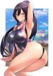  1girl absurdres arm_up armpits ass ball beachball black_hair breasts competition_swimsuit fujitsubo_(hujitubo0731) highres idolmaster idolmaster_shiny_colors large_breasts long_hair looking_at_viewer one-piece_swimsuit ponytail shirase_sakuya smile solo swimsuit thighs twisted_torso very_long_hair yellow_eyes 