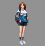  1girl absurdres bag bangs blue_shorts brown_eyes brown_hair checkered checkered_legwear closed_mouth clothes_writing commentary flat_chest full_body grey_background hairband highres jungon_kim long_sleeves looking_at_viewer medium_hair multicolored multicolored_clothes multicolored_legwear multicolored_shirt orange_hairband original print_shirt shirt shoes shorts shoulder_bag sneakers socks solo standing swept_bangs thumb_in_pocket twintails white_footwear 