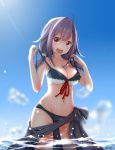  1girl :d absurdres ahoge bikini blue_sky blush breasts brown_eyes cleavage cowboy_shot day eyebrows_visible_through_hair groin highres kantai_collection long_hair medium_breasts navel neve open_mouth outdoors purple_hair red_ribbon ribbon sarong sideboob signature sky smile solo standing sunlight swimsuit taigei_(kantai_collection) untied untied_bikini wading water 