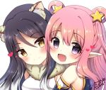  2girls :d animal_ears bangs bare_shoulders black_hair blush brown_eyes character_request closed_eyes closed_mouth commentary_request fur_collar hair_between_eyes hair_rings head_tilt heart highres looking_at_viewer looking_to_the_side multiple_girls nyano21 open_mouth pink_hair pointy_ears princess_connect! shirt signature simple_background sleeveless sleeveless_shirt smile star violet_eyes white_background 