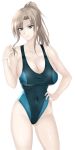  1girl absurdres ass_visible_through_thighs bare_shoulders breasts cleavage covered_navel cowboy_shot fikatsia_latrova green_eyes green_kaminari hair_intakes hair_twirling hand_on_hip high_ponytail highleg highleg_swimsuit highres huge_breasts lips looking_at_viewer muvluv muvluv_alternative one-piece_swimsuit sidelocks simple_background smile solo split_bangs swimsuit white_background 