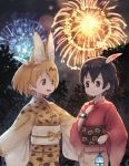  2girls animal_ears bangs bionekojita black_hair black_sky closed_mouth commentary_request eye_contact fireworks hair_between_eyes hat_feather holding japanese_clothes kaban_(kemono_friends) kemono_friends kimono long_sleeves looking_at_another multiple_girls night night_sky open_mouth outdoors print_kimono red_kimono sash serval_(kemono_friends) serval_ears serval_print short_hair sky smile tree watch watch wide_sleeves 