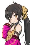  1girl :p animal_print bare_shoulders black_hair breasts camisole cleavage clothes_down eyebrows_visible_through_hair gazacy_(dai) hair_between_eyes hair_ribbon heart heart_necklace highres idolmaster idolmaster_cinderella_girls jacket jewelry leopard_print long_hair looking_at_viewer matoba_risa necklace ribbon simple_background sleeves_past_wrists small_breasts solo tongue tongue_out twintails upper_body white_background yellow_eyes 