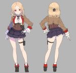  1girl blonde_hair braiding_hair character_request commentary_request copyright_request corset frilled_sleeves frills hair_ribbon hairdressing holster nagisa_kurousagi red_eyes ribbon shoes skirt socks solo 