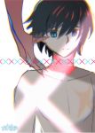  1boy black_hair blue_eyes darling_in_the_franxx hiro_(darling_in_the_franxx) looking_at_viewer male_focus muraiaria scar shirtless signature simple_background white_background 