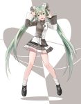  1girl :d asymmetrical_clothes black_footwear brown_skirt double_bun floating_hair full_body green_eyes green_hair hair_between_eyes hatsune_miku head_tilt highres ice_(jinqinglin77) long_hair looking_at_viewer loose_socks miniskirt open_mouth pleated_skirt shoes skirt smile solo twintails ura-omote_lovers_(vocaloid) very_long_hair vocaloid white_legwear 