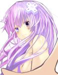  1girl absurdres blue_eyes blush breasts d-pad d-pad_hair_ornament from_side hair_ornament heterochromia highres long_hair looking_at_viewer medium_breasts nepgear neptune_(series) power_symbol purple_hair purple_sister shishin_(shishintei) smile solo symbol-shaped_pupils topless upper_body violet_eyes 