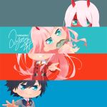  1boy 1girl black_hair blue_eyes couple darling_in_the_franxx fish green_eyes hiro_(darling_in_the_franxx) horns kinokorin long_hair military military_uniform necktie orange_neckwear pink_hair red_neckwear red_skin short_hair uniform zero_two_(darling_in_the_franxx) 