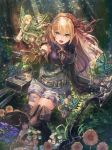  6+girls :d arisa_(shadowverse) arm_support arrow bangs belt belt_pouch blonde_hair boots bow_(weapon) breasts brown_footwear brown_gloves brown_hair chin_rest commentary_request daisy day dress elbow_gloves elbow_rest eyebrows_visible_through_hair fairy fairy_wings flower flying forest gloves green_eyes hair_ribbon hair_tubes hairband highres holding holding_sword holding_weapon kuroi_susumu light_rays long_hair long_sleeves looking_at_viewer low_twintails medium_breasts minigirl multiple_girls nature open_mouth outdoors outstretched_arm pointy_ears quiver red_ribbon ribbon shadowverse sheath sheathed shirt sitting skirt sleeveless sleeveless_shirt smile sword sword_behind_back thigh-highs thigh_boots twintails weapon wings 