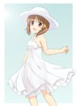  1girl bangs brown_eyes brown_hair casual commentary cowboy_shot dress eyebrows_visible_through_hair from_side girls_und_panzer green_background hat looking_at_viewer ma-2_(konkon_kitakitsune) nishizumi_miho open_mouth outside_border short_hair smile solo standing sun_hat sundress white_dress white_hat 