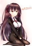  1girl :t absurdres bad_proportions bangs black_legwear blazer blush breasts character_name closed_mouth collared_shirt eyebrows_visible_through_hair framed_breasts girls_frontline gloves hair_ribbon hands_together highres jacket large_breasts long_hair looking_at_viewer necktie no_shoes one_side_up pantyhose pelvic_curtain pout purple_hair red_eyes red_neckwear ribbon shirt sidelocks simple_background sitting skirt solo thighs very_long_hair wa2000_(girls_frontline) white_shirt yoko_(yang-tzu) yokozuwari 