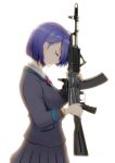  1girl absurdres black_jacket black_skirt blazer blue_hair breasts closed_eyes closed_mouth commentary_request from_side gun highres holding holding_gun holding_weapon jacket long_sleeves medium_breasts mole mole_under_eye neck_ribbon nijisanji pleated_skirt profile purple_neckwear purple_ribbon ribbon rifle school_uniform shiny shiny_hair shizuka_rin short_hair simple_background skirt solo suzuki-shi upper_body weapon weapon_request white_background wing_collar 