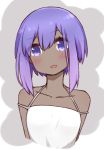  1girl :d alternate_costume bare_shoulders blush collarbone cropped_torso dark_skin dress eyebrows_visible_through_hair fate/grand_order fate_(series) halter_dress hassan_of_serenity_(fate) head_tilt i.u.y open_mouth purple_hair short_hair sidelocks smile solo tareme two-tone_background upper_body violet_eyes white_dress 