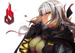  1girl arm_strap bangs black_gloves braid breasts cape eyebrows_visible_through_hair eyepatch eyepatch_removed eyes_visible_through_hair floating_hair girls_frontline gloves gradient_hair grey_hair gun hair half-closed_eyes hand_up highres holding holding_eyepatch large_breasts long_hair looking_at_viewer m16a1_(girls_frontline) multicolored_hair open_mouth orange_hair sangvis_ferri sidelocks simple_background single_braid skirt solo spoilers streaked_hair teeth weapon white_background wwwazxc yellow_eyes 