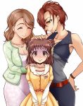  3girls akai_mi_ga_bakuhatsu_shita brown_hair choker double_bun dress earrings idolmaster idolmaster_cinderella_girls jewelry kiba_manami long_hair multiple_girls munakata_atsumi petting scrunchie short_hair smile sweat turn_pale watch white_background yanagi_kiyora 