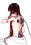  1girl back black_hair cable from_behind hand_up kangetsu_(fhalei) long_hair looking_at_viewer looking_back original parts_exposed red_eyes simple_background sitting solo topless very_long_hair white_background 