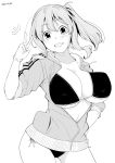  1girl bangs bikini blush breasts collarbone contrapposto cowboy_shot eyebrows_visible_through_hair greyscale grin hand_on_hip hand_up hood hoodie kichihachi large_breasts long_hair looking_at_viewer monochrome original parted_lips partially_unzipped side_ponytail smile solo swimsuit v 