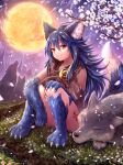  1girl absurdres animal animal_ears bangs bare_shoulders blue_hair chains claws closed_mouth commentary_request eyebrows_visible_through_hair fenrir_(shingeki_no_bahamut) flower full_moon granblue_fantasy hair_between_eyes hand_on_own_knee highres long_hair looking_at_viewer monster_girl moon outdoors paws petals red_eyes shadowverse shingeki_no_bahamut sitting smile solo sukemyon tail very_long_hair white_flower wolf wolf_ears wolf_girl wolf_tail 