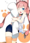  1girl akihito_(slotlove) animal_ears bike_shorts blue_eyes cat_ears choker fang hair_bobbles hair_ornament highres hinata_channel kneeling long_hair mismatched_legwear nekomiya_hinata object_hug one_eye_closed open_mouth orange_legwear pillow pillow_hug pink_hair short_shorts shorts solo striped striped_legwear thigh-highs twintails vest virtual_youtuber white_vest 