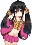  1girl animal_print bangs bare_shoulders black_hair blush breasts brown_camisole brown_eyes camisole closed_mouth collarbone cowboy_shot eyebrows_visible_through_hair hair_between_eyes hair_ribbon heart heart_necklace highres idolmaster idolmaster_cinderella_girls jacket leopard_print long_sleeves matoba_risa medium_breasts navel pink_jacket pink_skirt pleated_skirt print_camisole print_ribbon ribbon ricroot sidelocks simple_background skirt smile solo thigh_gap twintails white_background 