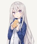  1girl bangs blush commentary_request eyebrows_visible_through_hair fang food grey_background grey_hair hair_between_eyes head_tilt holding holding_food jacket long_hair long_sleeves looking_at_viewer open_mouth original poco_(asahi_age) simple_background solo taiyaki turtleneck upper_body very_long_hair violet_eyes wagashi 