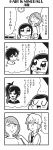  1boy 2girls 4koma :&gt; :d bangs bkub blank_eyes blush clock closed_eyes comic eyebrows_visible_through_hair fang finger_to_face greyscale hair_between_eyes hair_salon hand_on_another&#039;s_shoulder hand_on_own_cheek highres honey_come_chatka!! long_hair monochrome multiple_girls necktie one_side_up open_mouth sachi_(bkub) shirt short_hair side_ponytail sidelocks simple_background smile sparkle sparkling_eyes speech_bubble swept_bangs talking translation_request two-tone_background 