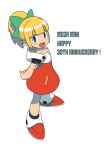  anniversary arms_behind_back blonde_hair blue_eyes capcom copyright_name dress full_body hands_together high_ponytail highres ishikawa_hideki long_hair looking_at_viewer official_art open_mouth red_dress rockman rockman_(classic) roll short_sleeves simple_background standing white_background 