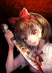  1girl blood blood_on_face bloody_knife bow brown_eyes brown_hair commentary commentary_request highres knife looking_at_viewer original short_hair solo_focus taniguchi_seima 
