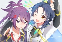  2boys ;d anger_vein black_gloves blue_hair feathers fingerless_gloves fudou_yukimitsu gloves hair_feathers male_focus multiple_boys necktie one_eye_closed open_mouth ponytail purple_hair self_shot smile taikogane_sadamune touken_ranbu violet_eyes yellow_eyes yuhi_(hssh_6) 