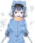  adapted_costume animal_ears aotan_(aorin114) blue_hair blush common_raccoon_(kemono_friends) eyebrows_visible_through_hair fangs gloves goggles goggles_on_head grey_hair highres kemono_friends multicolored_hair raccoon_ears short_hair ski_pole snowflakes upper_body winter_clothes 