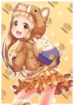  1girl :d animal_ears animal_hood backpack bag bangs blonde_hair blush boots bow brown_eyes brown_footwear brown_hoodie commentary_request fur-trimmed_boots fur_trim highres hood hood_up ichihara_nina idolmaster idolmaster_cinderella_girls knee_boots layered_skirt long_hair looking_at_viewer looking_back open_mouth pink_bow plaid plaid_skirt regular_mow skirt smile solo standing standing_on_one_leg star very_long_hair yellow_skirt 